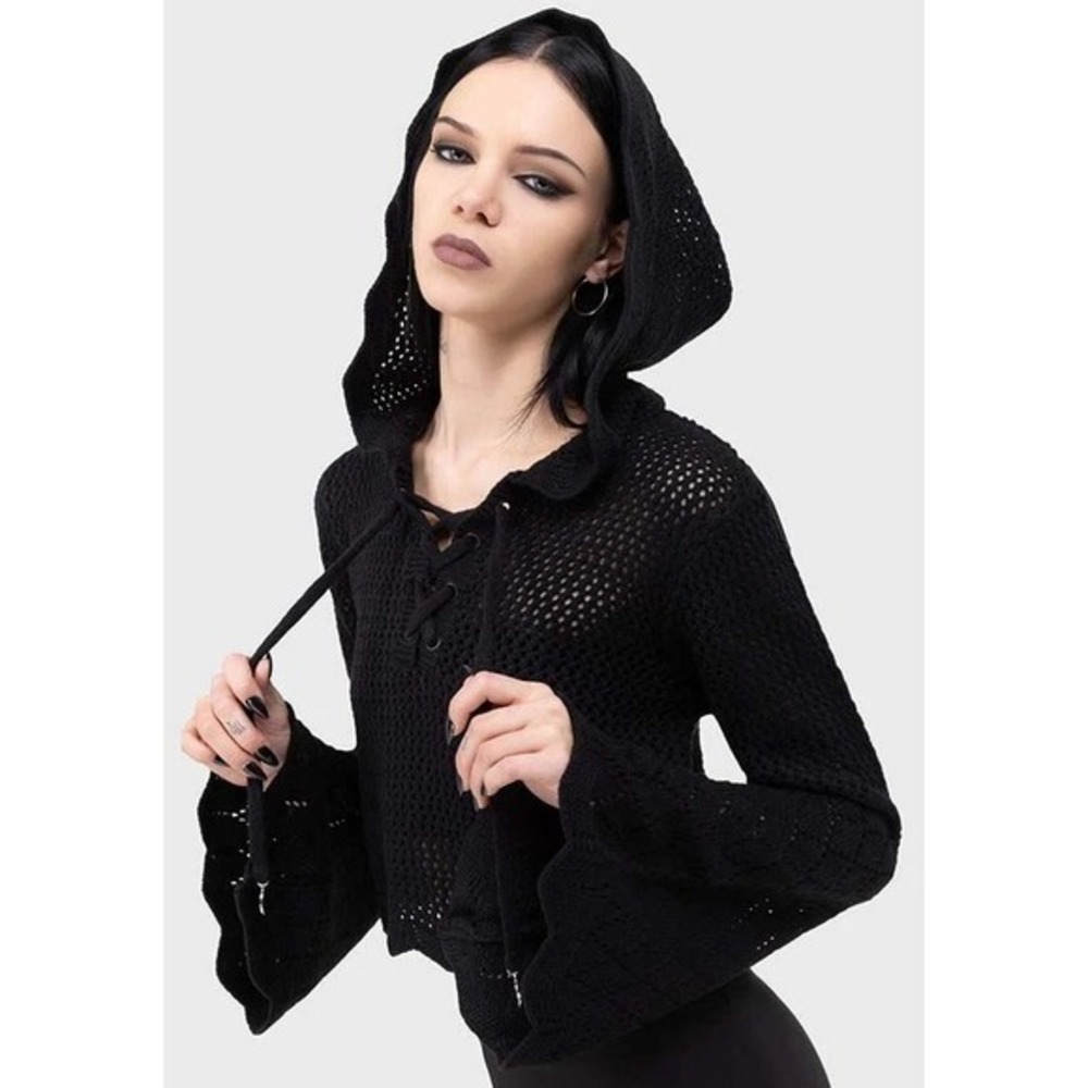 Killstar Shadow Witch Hooded Knit Sweater Black Lace Up Bell Sleeve Small NWT